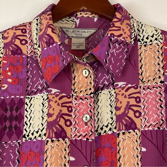 ALLISON DALEY Button Down Shirt 3/4 Sleeve Pink Purple Patchwork Size 12 Petite - Picture 2 of 7